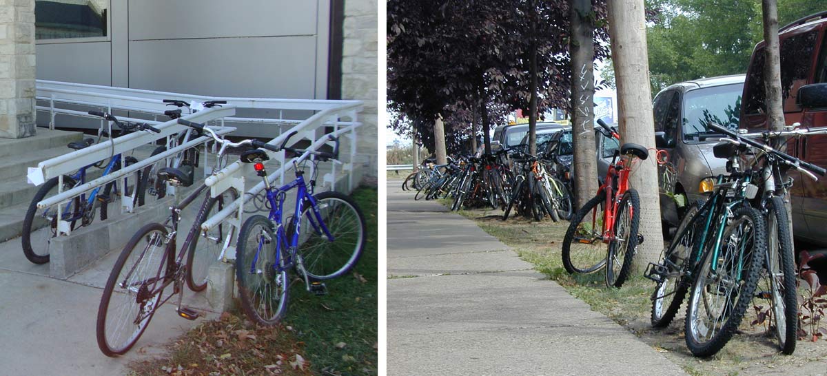 bikes parked to railings and trees
