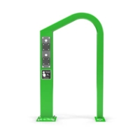 green e-bike charging rack on white background